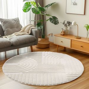 Carpetsale24 Tapis de Salon ou chambre en Cr&egrave;me 120 cm Rond style boh&egrave;me scandinave avec effet haut-bas tapis d&eacute;coratif
