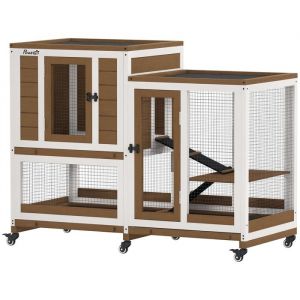 Pawhut Clapier lapin int&eacute;rieur - cage lapin - design luxe, 3 niveaux, plateaux amovibles, roulettes - bois - 110x50x86cm - marron