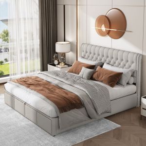 Lit coffre Lit adulte capitonné double 160 x 200 cm avec levier hydraulique, en coton-lin, gris, sans matelas