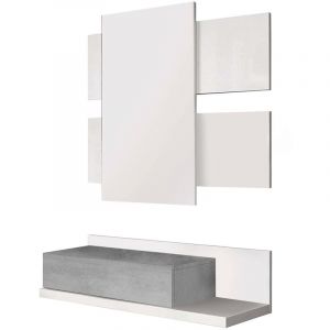 Habitdesign Couloir avec tiroir et Miroir, Meuble d'entr&eacute;e, mod&egrave;le Tekkan, Fini en Blanc Artik et Gris Ciment, Dimensions : 75 cm (Largeur) x 116 cm (Hauteur) x 29 cm (Profondeur)