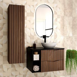 Ensemble Meuble simple vasque 80cm 2 niches et colonne Siena bois et noir