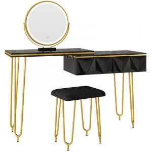 Coiffeuse Bella, Noir, 120 cm avec miroir LED et tabouret, Vicco
