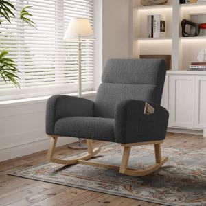 Fortuna Lai - Fauteuil à Bascule, Rocking Chair avec Accoudoirs et Dossier, Pieds en Bois, Style Scandinave, en Sherpa Gris