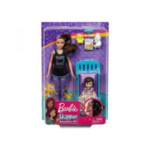 Mattel Coffret poupee skipper + mini poupee enfant fille + lit + accessoires - babysitter