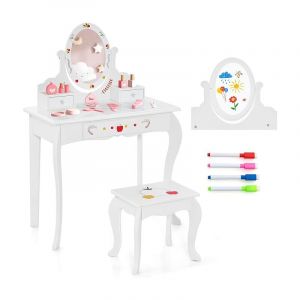 Coiffeuse Enfant Table de Maquillage avec Miroir Ovale et Tabouret Charge 50KG pour Enfants 3 Ans Pomme