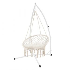 Ml-design - ecd Germany Fauteuil Suspendu avec Coussin Beige et Support Blanc 208 cm, Style Boho, Design Macramé, Coton, ø 80 cm, 120 kg, Franges