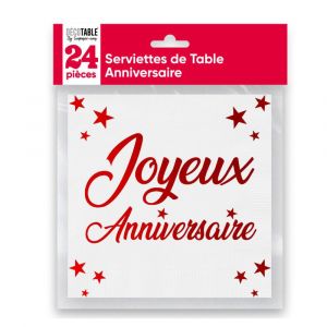 Image de Serviette de table Joyeux Anniversaire blanc et rouge métallisée (x24) REF/STAM00R