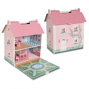 Deqube 913D00017 Maison de poupée en Bois Portable à 2 étages avec Grenier et Jardin avec poignées pour Un Transport Facile Livré avec 7 Accessoires de Jeu