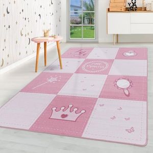 Homebyhome Tapis enfant motif à carreaux de petite princesse coloris rose 120x170 cm tapis chambre enfant tapis chambre bébé