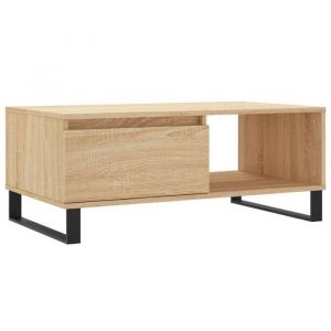 Décoshop26 Table basse avec tiroir design moderne et contemporain 90 x 50 x 36,5 cm bois d'ingénierie couleur chêne et métal DEC039045