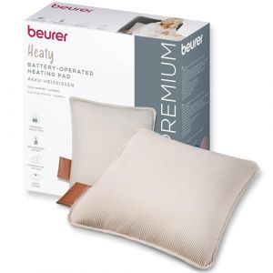 Beurer Heaty Coussin chauffant, coussin chauffant sans fil avec batterie, avec arrêt automatique et 3 réglages de la température, chauffe rapidement, velours côtelé doux, blanc