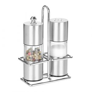 Relaxdays Salière et Moulin à Poivre en céramique, en Lot de 2, Acier Inoxydable, avec Support, sel et Poivre, argenté