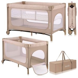 Lionelo Jasmin Easy FoldLit de Voyage pour Enfants jusqu'à 15 kg de 0 à 36 Mois Matelas Mousse T25, 2 hauteurs, Facile à Plier Easy Fold, Accès latéral, roulettes (Grey) (Beige)