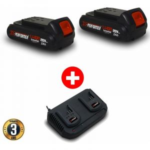 X-Performer Pack 2 Batteries CONCEPT 20V Lithium 2 Ah compatible pour la gamme d'outils Electro-portatifs + Double Chargeur