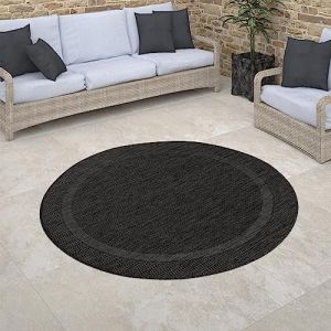 Paco Home - Tapis Exterieur Rond Terrasse Balcon Cuisine Geometrique Moderne Rayures Bordure Anthracite, 200 cm rond