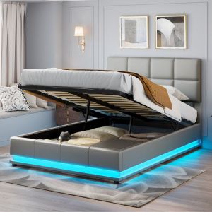 Lit coffre 140x190 cm, avec syst&egrave;me d'&eacute;clairage LED, PU, ​​rangement hydraulique, sommier &agrave; lattes, structure en m&eacute;tal, convient aux adolescents et