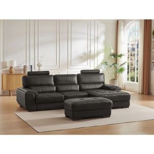 Canap&eacute; d'angle et pouf en cuir METROPOLITAN II - Noir - Angle droit