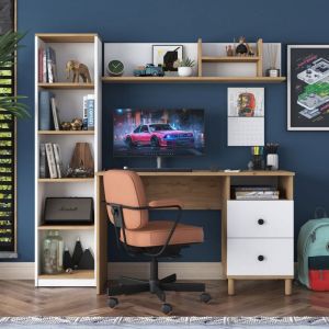 Menzzo Bureau avec &eacute;tag&egrave;re biblioth&egrave;que Evrard Bois clair et Blanc