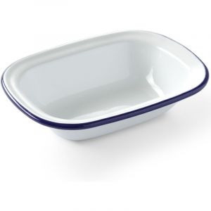 Hendi Plat rectangulaire en acier &eacute;maill&eacute; blanc, avec bord bleu, plat de cuisson, plat &agrave; four, 175x130x(H)40mm