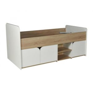 Vente-unique - Lit 90 x 190 cm avec rangements - Coloris : Naturel et blanc - lostya