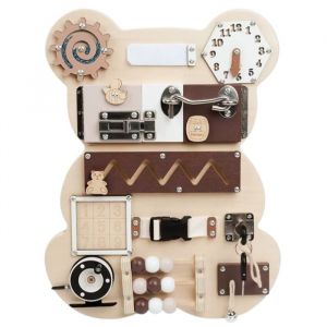 Jouet &eacute;ducatif - Tableau d&iquest;&Eacute;veil GINGER HOME - Ours Montessori - Engrenages et Horloge - 30x39 cm
