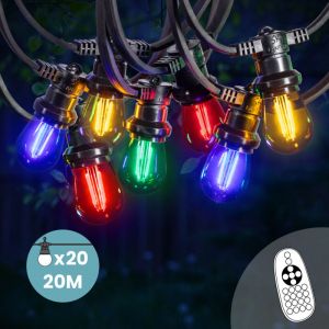 SkyLantern Guirlande Guinguette 20M 20 Bulbes Filament Rouge Bleu Jaune Vert avec Variateur de Luminosité et Télécommande - Guirlande Lumineuse Ampoule E27 à