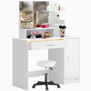 Coiffeuse Jocelyn Blanc 140x90x40cm avec tabouret à roulettes