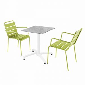 Oviala Ensemble table de jardin stratifié marbre et 2 fauteuils vert