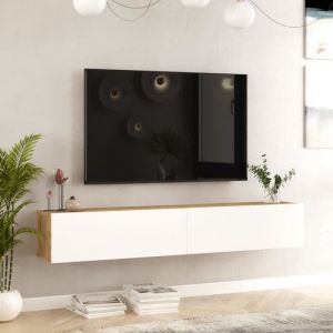 Meuble TV Lapinlahti &agrave; 2 portes 29,5 x 180 x 31,5 cm effet ch&ecirc;ne rustique / blanc [en.casa]