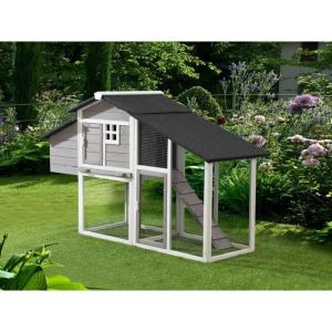 Poulailler en bois avec enclos - 4 poules - L. 173 x P. 64 x H. 108 cm - Blanc et gris - LEVAS