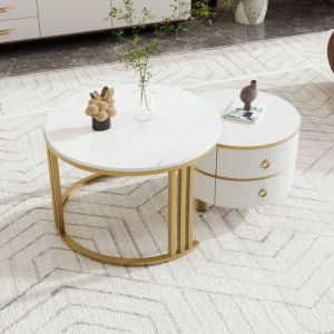 Wishdor - Table basse ronde 2 en 1 avec plateau brillant et 1 plateau en marbre, en mdf, blanc et or