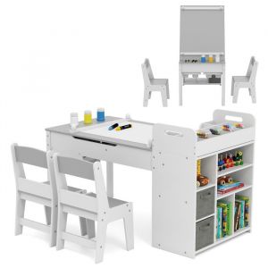 Giantex Bureau Enfants avec 2 Chaises & Plateau Rabattable, &Eacute;tag&egrave;res Ouvertes (Gris)