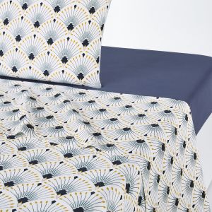 Drap plat satin de coton Pawica Blanc/Imprimé Bleu Taille 180x290 cm;240x290 cm;270x290 cm