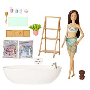 Mattel Coffret Bain Relaxant avec poupée mannequin brune, baignoire, chiot, savon confetti coloré et accessoires, thème soin et bien-être, Jouet Enfant, Dès 3 ans, HKT93