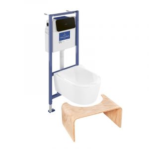 Villeroy & Boch Pack WC sans bride Avento + Bâti support + abattant frein de chute + plaque noir mat + Tabouret bois