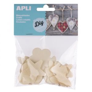 Image de APLI Sachet de 24 formes assorties en bois - Formes: cŒurs, fleurs, étoiles