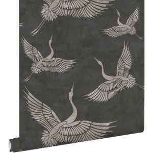 Estahome - papier peint oiseaux de grue gris foncé