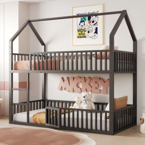 Lit superposé enfant en bois 90x200cm, en forme de maison, avec toboggan et échelle de rangement, sans matelas, antichute, blanc