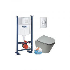 Grohe Pack wc Bâti autoportant + wc suspendu Swiss Aqua Technologies GreyInfinitio sans bride + Abattant softclose + Plaque Chrome