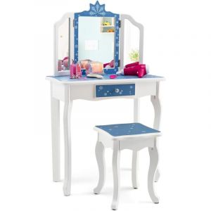 Image de GOPLUS Coiffeuse et Tabouret pour Enfants 3-7 Ans,Table de Maquillage 2 en 1 avec 3 Miroirs Pliables,1 Tiroir,Charge