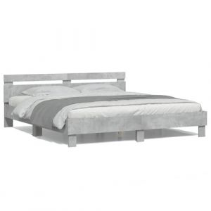 VidaXL Cadre de Lit avec Tête de Lit et LED, Lit Double avec Sommier à Lattes, Lit Adulte de Chambre, Gris Béton 180x200 cm Bois d'Ingénierie