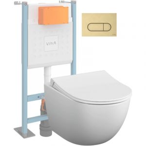 vitra Pack WC suspendu Sento blanc mat + bâti autoportant V-Fix Core + Plaque Round or brossé