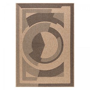 Tapis ext&eacute;rieur kilim &Oslash;80cm beige et noir rond jute art 7