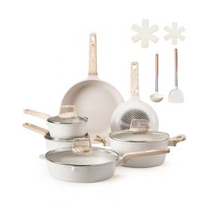 VEVOR Batterie de cuisine, 17 pcs, ensemble de casseroles et poêles à induction avec revêtement anti-adhésif en granit, couvercles en verre trempé, avec friture, sauce, sauté, passe au gril, blanc