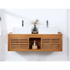 Meuble de salle de bain suspendu en bois d'acacia avec double vasque 130 cm PENEBEL