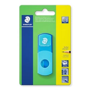 Staedtler 511SEF30BK Taille-crayon 2 en 1 avec gomme, turquoise fluo, sans phtalates et sans latex, pour crayons au format standard, refermable, taille-crayon 2 en 1 sur carte blister