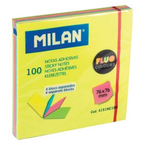 Bloc note adh&eacute;sive Milan, 76 x 76 mm - 100 notes 4 blocs s&eacute;par&eacute;s, Fluo
