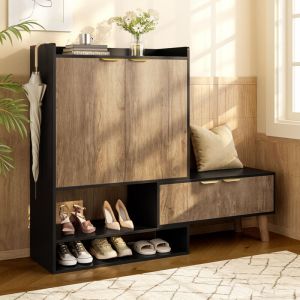 Meuble &agrave; chaussures 80x35x113 cm - Avec chaise pivotante - 4 portes - 4 &eacute;tag&egrave;res ferm&eacute;es - Pieds en bois massif - Noir + naturel