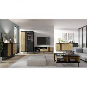 Ensemble de meubles design IZO &ndash; Vitrine + Buffets + Table basse + Meuble TV &ndash; Noir onyx & Ch&ecirc;ne clair
