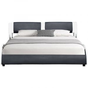 Lit clara pour matelas 140x190 - Sommier + Tête de Lit Couleur blanc & noir + Pieds en 5 cm pour matelas - 2 x 13 Lattes - revetement pvc Simili